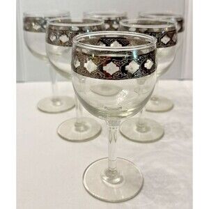 6 Vintage Culver Valencia Silver Band Small Wine Glasses, 5 3/4" Tall Boxed